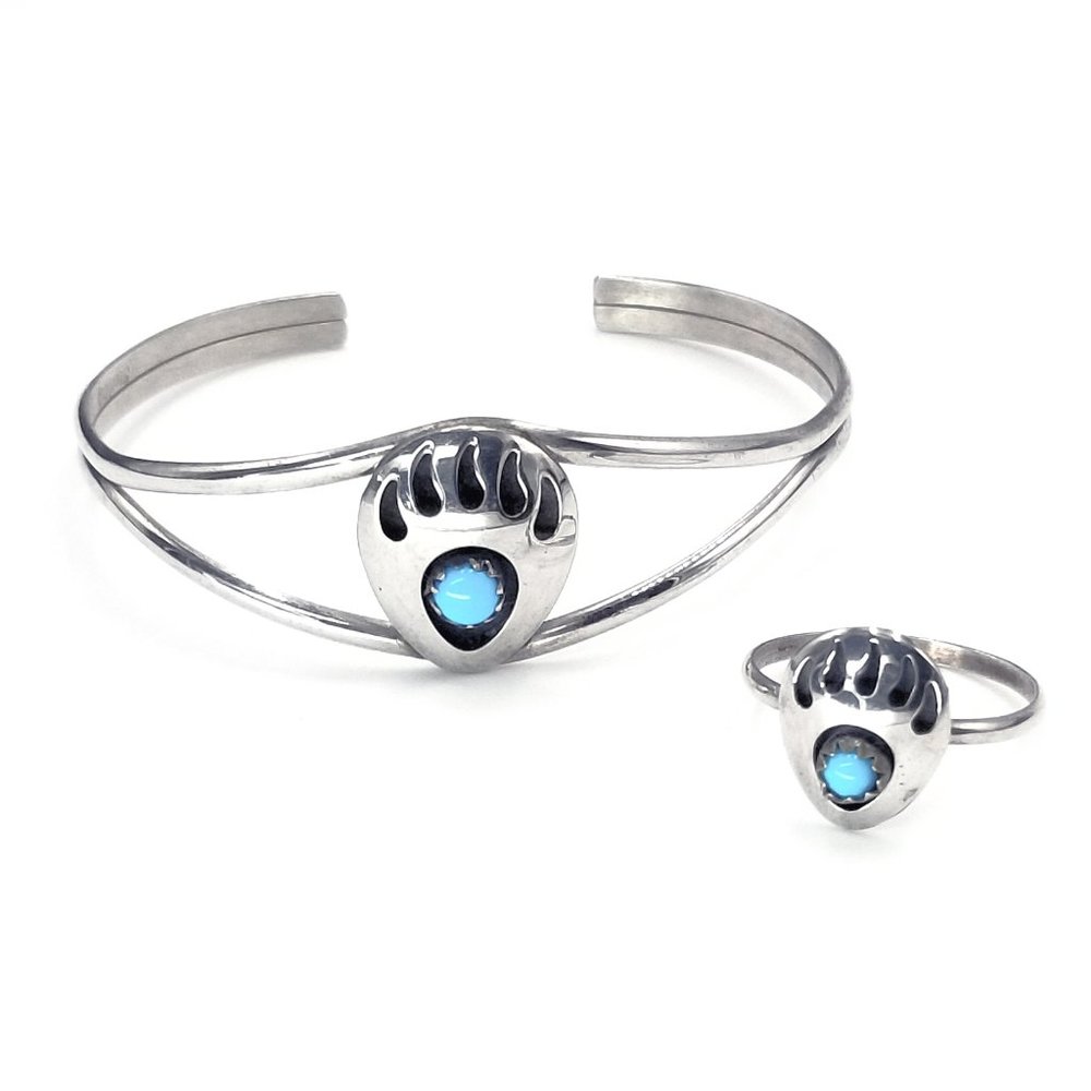 Navajo Bear Paw Cuff Bracelet and Ring Set